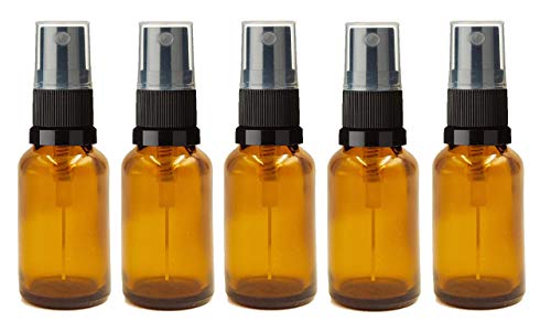 Pack de 5 x botellas de vidiro ámbar 15 ml con atomizador negro. Ideal para aceites esenciales, mezclas de aromaterapia, aguas florales, remedios homeopáticos. Tamaño perfecto para viaje con spray/pulverizador