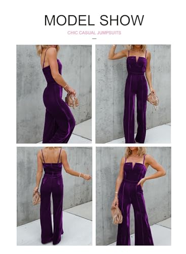 BLENCOT Sleeveless Velvet Jumpsuits For Women V Neck Spaghetti Straps Wide Leg Long Pants Dressy Rompers Winter Overalls Purple Large — view 2