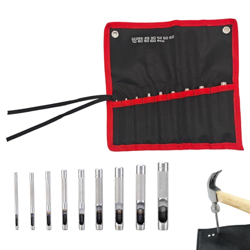 9 Stück Locheisen Satz Leder, Stanzwerkzeug Rund,Stanzwerkzeug Set, Hohl Locher Set aus Hochkohlenstoffhaltigem, für Präzises Stanzen von Löchern in Leder, Uhrenarmbändern Handwerk und Reparaturen