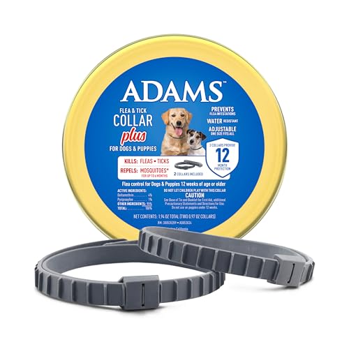 ADAMS Flea & Tick Collar Plus for Dogs & Puppies, 2 Pack, 12 Month Protection, Adjustable One Size, Kills Fleas, Ticks & Repels Mosquitoes, Excluding California