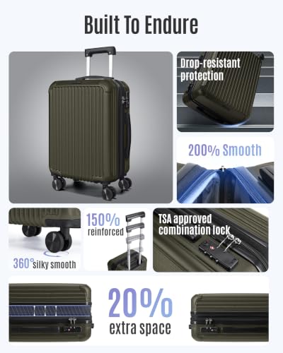 Image of LIGHT FLIGHT Carry On Luggage 22x14x9 Airline Approved, Dark Green | Airline Approved, Hard Shell with Wheels, Expandable Hardside, Lightweight, TSA Lock