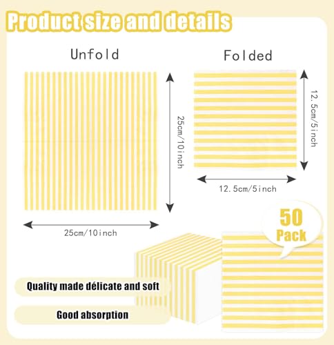 SietDESEO 50 Pieces Yellow Striped Napkins Disposable 3-Ply Yellow and White Striped Cocktail Napkins Paper Dinner Napkins for Birthday Baby Shower Wedding Party Beverage Napkin by SietDESEO - Used condition - Image 3