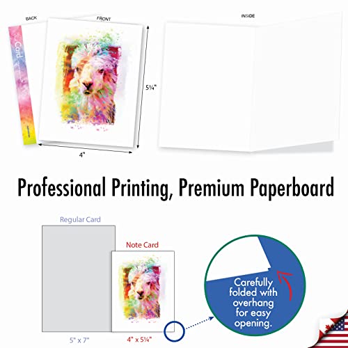 The Best Card Company Assorted Animal Watercolor Blank Greeting Card Box Set - Incl. 10 Unique Notecards Designs + Envelopes for Thank You, Invitations - Funky Rainbow Llamas AM6862OCB-B1x10