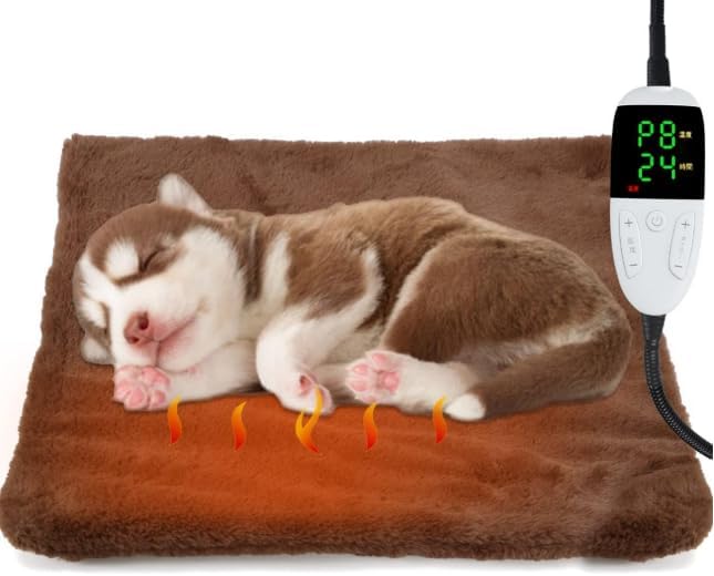 Codify ペット用ホットカーペット ペット用ヒーター 5段階タイマー付き（2/4/8/12/24H）8段階温度調節 ペット ほっとカーペット 犬 猫 ヒーター 噛み癖対策 コード全身ラセン管付き（全長約2m) 防水難燃性 過熱保護装置 厚手のカバー付き お手入れ簡単 50*40cm (S, ブラウン)