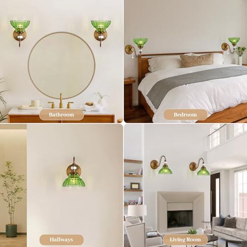 Image of 1 Piece Vintage Wall Sconce, 1-Light Matte Antique Brass Finish Wall Sconce with Hanging Crystal Accents and Flower-Shaped Green Shades for Bathroom Bedroom Living Room,Vintage Vanity Light