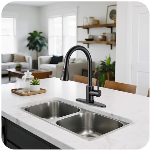 Image of Kitchen Faucet with Pull Down Sprayer - ORB Single Handle Kitchen Faucets, High Arc Stainless Steel Pull Out Kitchen Sink Faucet with Deck for RV Laundry Farmhouse Bar