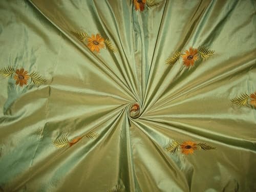 Tissu taffetas en pure soie vert glacé brodé pour création unique