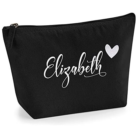 Personalized Name Initials & Heart Make Up Accessory Bag in Black Colour Glitter or Flock Texture Print - Holo White Glitter - M Black Cover