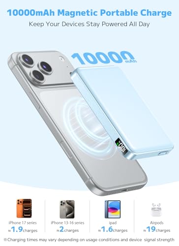 Image of golioklsy for Magsafe Portable Charger,10000mAh Power Bank with Type-C 20W PD Fast Charging, Lightweight and Slim, LED Display for Magsafe Battery Pack for iPhone 17 /16 /15 /14 All Series, Blue