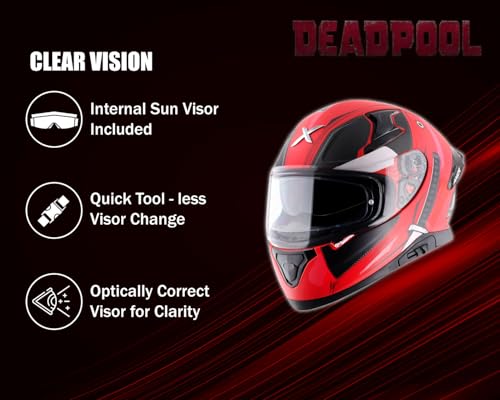 Image of Axor Apex Marvel Deadpool ISI ECE DOT Certified Full Face Dual Visor Helmet for Men and Women Dull Red Black-L