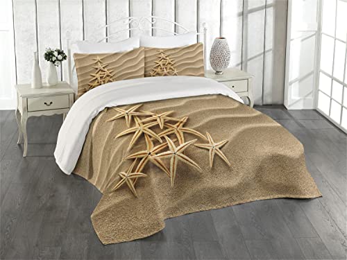 Ambesonne Starfish Coverlet, Christmas Tree from Shells on The Sand Maritime Summer Coast Holiday Vacation, 3 Piece Decorative Quilted Bedspread Set with 2 Pillow Shams, King Size, Pale Brown