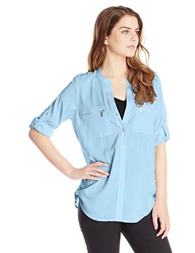 Calvin Klein Women's Modern Essential Zipper Button-Front Blouse, ICEBURG, M