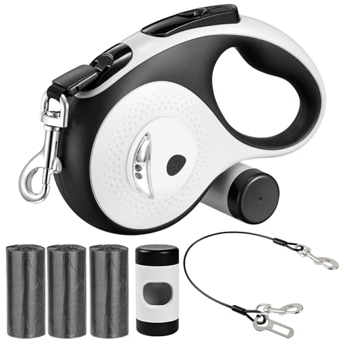 26Ft-Retractable-Dog-Leash-for-Dog-Up-to-110lbs-Tangle-Free-Walking-Leash-with-Chew-Proof-Cable-LED-Light-Dispenser-Poop-Bags-Quick-Lock-Braking-Non-Slip-Handle-White 26Ft Retractable Dog Leash - for Dog Up to 110lbs, Tangle Free Walking Leash with Chew Proof Cable | LED Light | Dispenser | Poop Bags, Quick Lock Braking & Non-Slip Handle (White) - Image 1