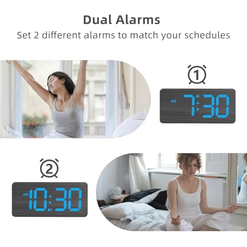 Image of uscce Wooden Digital Alarm Clocks for Bedrooms with 0-100% Dimmable Display | Desk Clock with Large Numbers for Living Room - Loud Dual Alarm for Heavy Sleepers with Volume Control - Wood Decor & Gifts