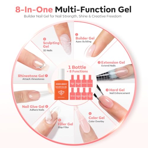 Image of modelones Builder Nail Gel, Barely Pink Builder for Nails, Sheer Pink Color Rubber Base Gel Polish for Natural Overlay, Apex Building, Short Extension, Self-Leveling Beginner U V /LED Cured 15ml