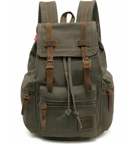 HuaChen Vintage Canvas Travel Backpack with Leather Trim, Laptop Padded Sleeve, Hidden Back Security Pocket, Fits 15-Inc - Detailed View