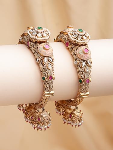 Image of Karatcart Traditional Royal Design Gold-Plated Red Stone Bridal Jhumka Bangles for Women