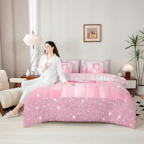 Image of Feelyou Kids Pink Bowknot Bed in A Bag Full Size, Personalized Initial C Comforter Set with Sheets Princess Glitter 7 Pieces Bedding Set Boys Girls Bow Alphabet Teens Bed Set Bedroom Decor 7Pcs