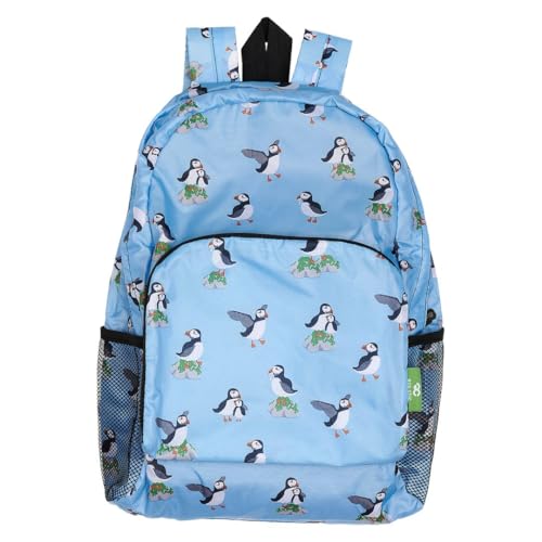 ECO CHIC Lightweight Foldable Water Resistant Backpack Rucksack Folds into Pouch for Storage (Multi Puffin Blue)