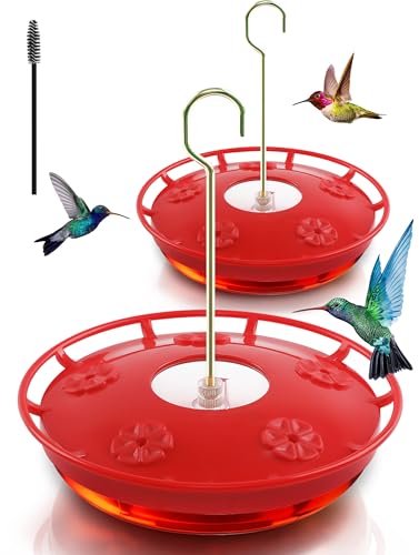 FEED GARDEN 2 Pack 16 oz Plastic Disc Hummingbird Feeders for Outdoors Hanging, Leak-Resistant Nectar Feeder with 5 Ports, Wide Mouth Easy Clean & Refill, Built-in Ant Moat for Garden Backyard