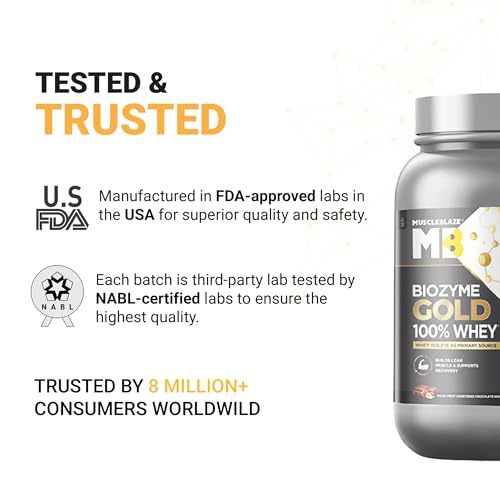 Image of MuscleBlaze Biozyme Gold 100% Whey Protein Powder (Monk Fruit Sweetened Chocolate Hazelnut, 1kg / 2.2 lbs) | 26g Protein Per Scoop | Whey Isolate as Primary Protein Source