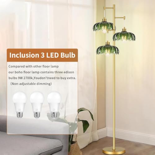 Image of QIYIZM Glass Floor Lamp for Living Room,Bedroom,Mid Century Modern Standing Lamp Brass Tree 3 Light Tall Floor Lamps Vintage Retro Floor Lights Gold Green Flower Lamp Shade Farmhouse Boho Bohemian