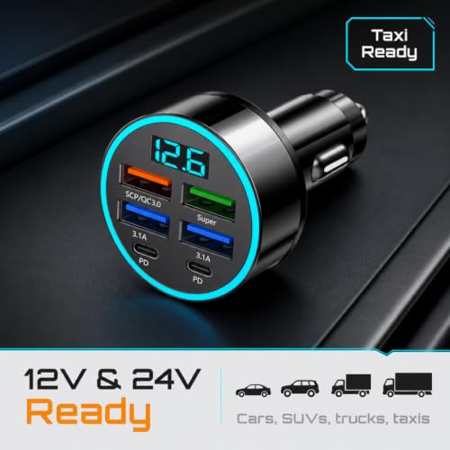 Image of DRIMZ 6 Port Fast Car Charger | 4 USB + 2 Type-C Car Charger Adapter with Digital Voltage Display | 25W Fast Charging Car Mobile Charger for iPhone & All 12V /24V Vehicles