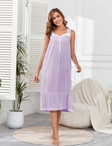 Image of Viakeo Cotton Nightgowns for Women Long House Dress Soft Sleepshirts With Pockets S-3XL