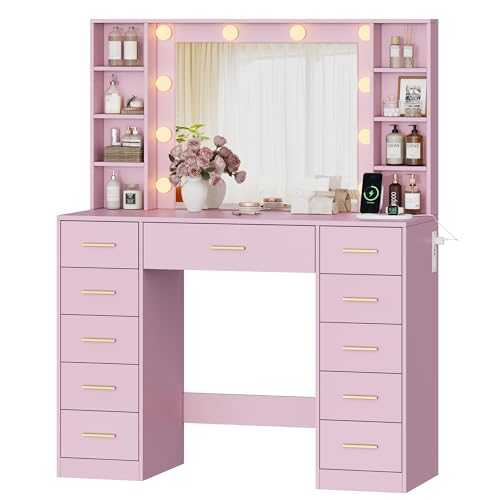 Image of Wodeer Makeup Vanity with Drawers, 43 inch Pink Vanity Desk with Mirror and Lights, 11 Drawers & 4 Shelves, Power Outlet & Adjustable LED Lights, Dressing Table for Women & Girls Bedroom