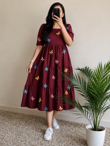 Image of Women's Rayon A-Line Midi Dress, Floral Print, Short Sleeves, Tiered Design, Round Neck, for Summer Wear