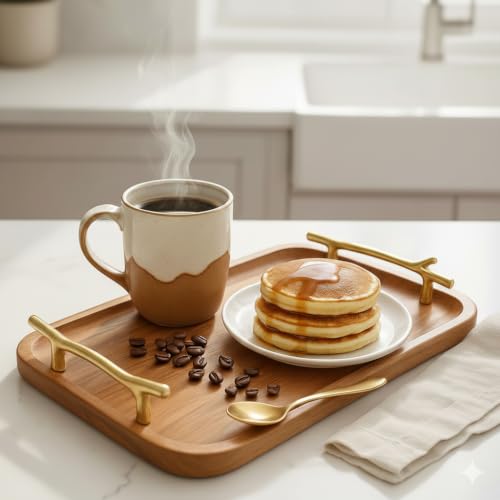 Image of CentraLit Decorative Acacia Wooden Tray for Serving - Dining Table Accessories & Kitchen Organizer Serving Trays - Luxury Wooden Tray| Gold Handles for Home Decoration (Twig Handles)