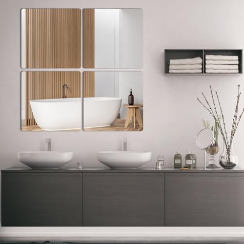 Image of Wall Mirror Tiles Set of 4, 8x8 Inch Square Mirror Acrylic Self Adhesive Flexible Mirror Sheets Wall Stickers Frameless Small Mirrors Wall Decor for