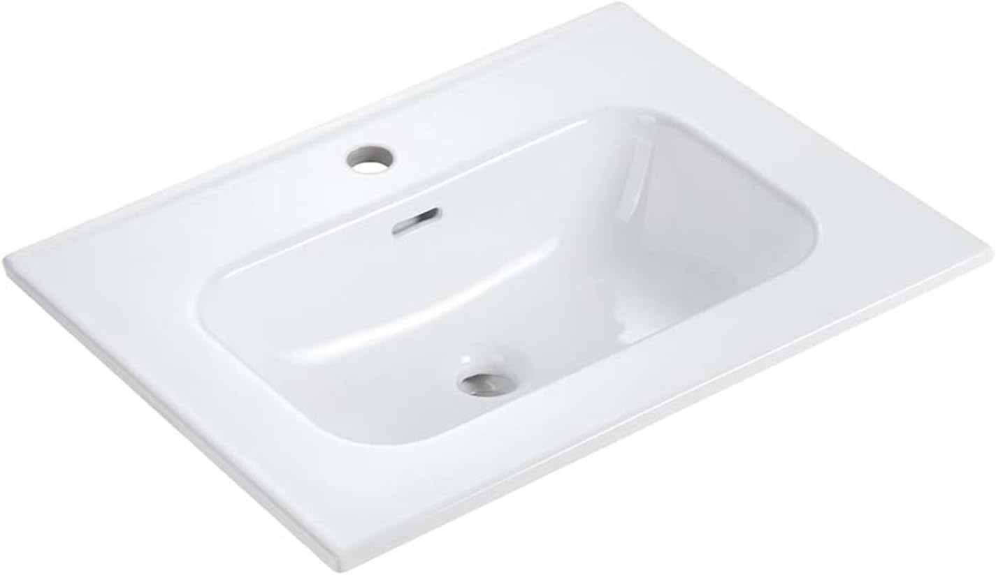 24 Inch Gloss White Ceramic Bathroom Sink - Integrated Basin with 1 Faucet Hole, Modern Design, Easy to Clean, Not Include Faucet & Drain