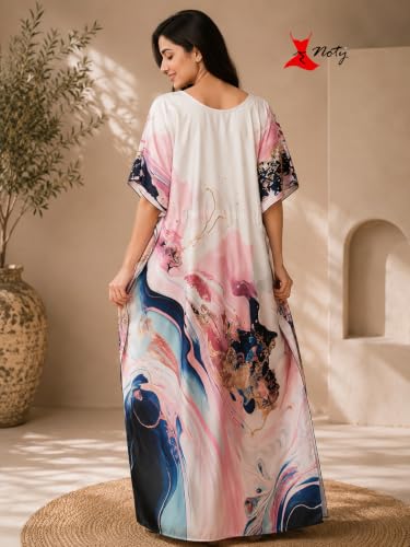 Image of Noty Women's Kaftan Nighty | Digital Print | Sarena Fabric | V Shaped Neck Nightwear | Nightdress for Girl