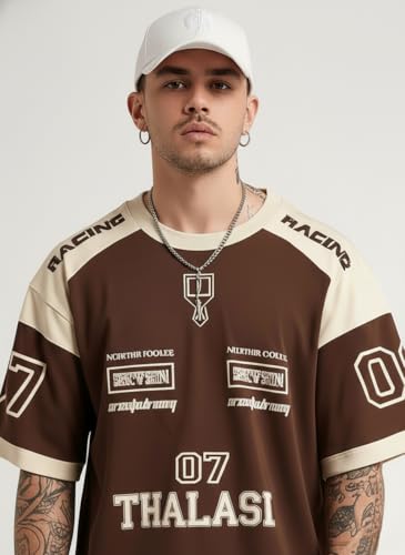 Image of THALASI Men Cotton Jersey Aesthetic Oversized T shirts for Men | Sports Jerseys T-shirts & Half Sleeve Round Neck Printed Tshirt for Mens - Down Shoulder Loose & Baggy Fit Korean T shirt for Man & Boy