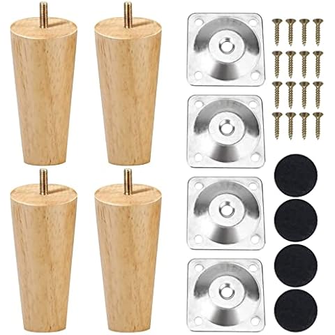 Errum 4 Pcs 8cm Wooden Furniture Legs, Replacement Solid Beech Wooden Sofa Legs Couch Legs Table Legs Dresser Legs with Screws Mounting Plate and Anti-Slip Protector (Right Angle Gasket) Cover