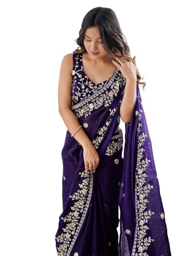 Image of Satrani Women's Tissue Silk Scalloped Border Sequins Embroidery Saree with Unstitched Blouse Piece