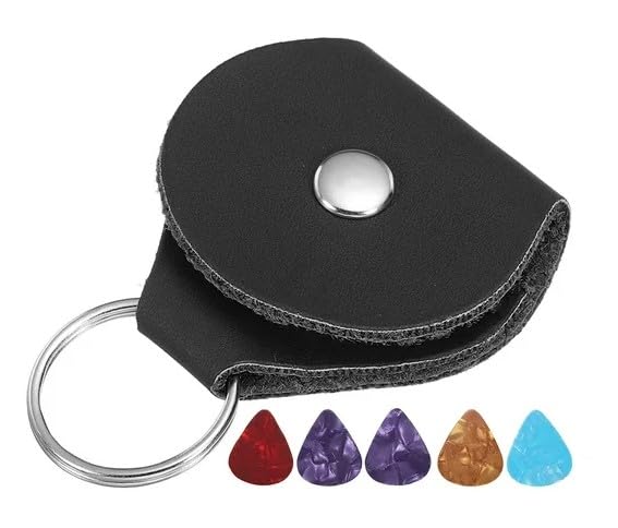 1Pc Black Guitar Picks Holder Case,PU Leather Guitar Plectrums Bag with Keyring,Keychain Plectrum Key Fob Case Bag,Gift for Guitar Players,Musical Instruments Guitar and Bass Picks,Pick Holders