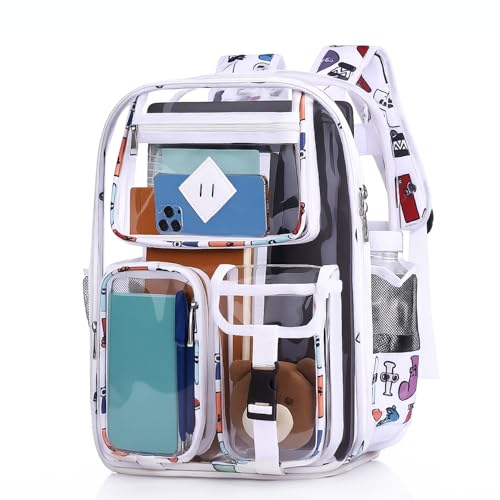 Clear Backpack-Heavy Duty PVC clear backpack for Stadium/Travel/Work,Dual Zippered Compartments&Mesh Side Pockets (white)