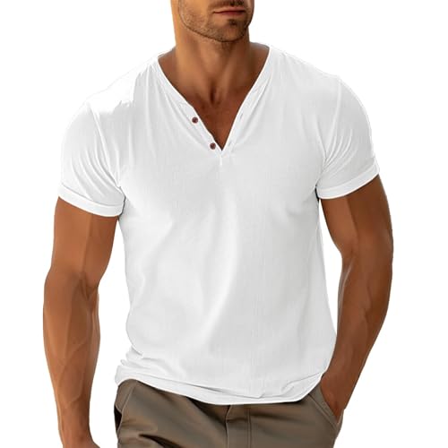 Duohropke Henley Shirt Herren Sommer Classic Baumwolle Kurzarm Knopf T Shirt Casual T Shirts für Männer, Blanco, XXXL