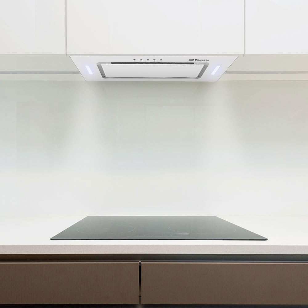 Orbegozo CA 09190 BL - Campana extractora cassette 90 cm, Clase A, frontal cristal templado blanco, extracción 637,1 m3/h, 3 niveles de potencia, iluminación LED
