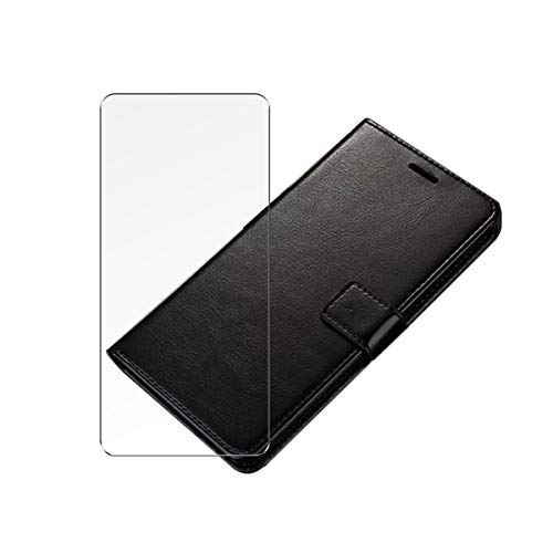 QFSM PU Cuero Flip Case + Cristal Templado Pantalla Funda para Hafury M20 Funda de Cuero Protector Bookstyle Purse Wallet Shell with HD Película Protectora Cristal - Black