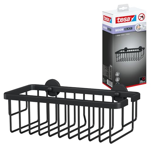 tesa MOON BLACK Duschablage zur Wandmontage ohne Bohren schwarz matt - einstöckig und extra tief - für Bäder im Industrial Style und moderne Badezimmer - mit Klebelösung - 250 mm x 92 mm x 125 mm