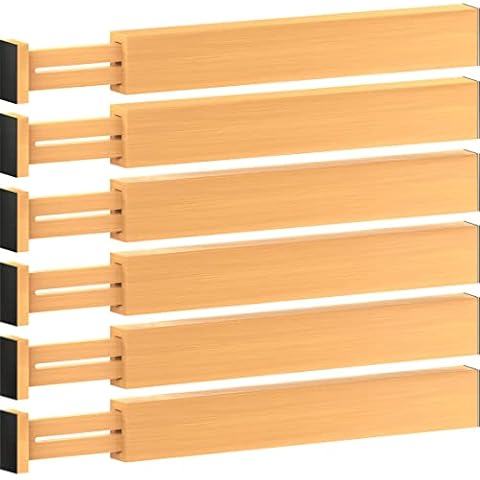 Bamboo Drawer Divider Set of 6 - Kitchen Drawer Organizer Spring Adjustable & Expendable Drawer Dividers, Made of 100% Organic Bamboo - Best for Kitchen, Dresser, Bedroom, Baby Drawer, Bathroom, Desk Cover