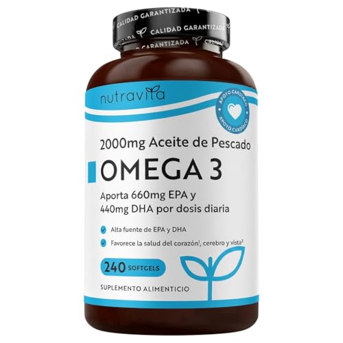 Nutravita Omega 3 2000mg - con 660mg EPA y 440mg DHA - 240 Cápsulas Blandas (8 Meses) - para Corazòn, Función Cerebral & Visiòn (EFSA) Omega 3 Capsulas - Omega3 Suplementos para Hombres & Mujeres