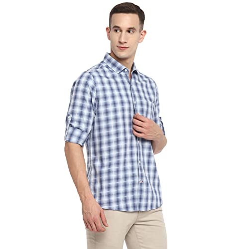 Image of Red Chief Light Blue /White Full Sleeve Check Ultra Slim Cotton Casual Shirt for Men