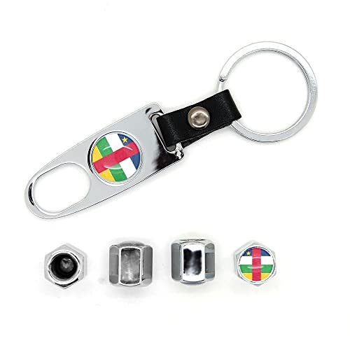 Lot de 4 bouchons de valves avec logo et porte clé Republique Centrafricaine Chromé