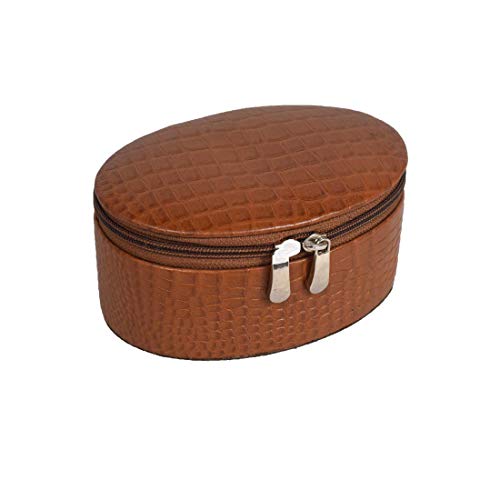 Stones Bridge Oval Shaped Leather Jewellery Box for Women – Plush Velvet Lining, Compartmentalized Storage for Rings, Earrings, Necklaces, and Bracelets (Tan)