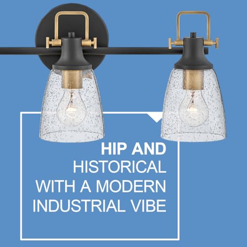 Image of Hinkley Easton Three Light Bath Vanity Fixture - Modern Industrial, Clear Seedy Glass Shade, Mounts Up or Down - Black and Heritage Brass