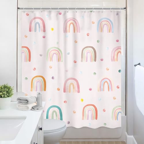 Image of Girls Rainbow Shower Curtain 60Wx72L Inch Kids Boho Pink Polka Dots Cartoon Cute Watercolor Aesthetic Colorful Shower Curtain Bathroom Set Pretty Bath Curtain Bathtub Accessories Home Decor